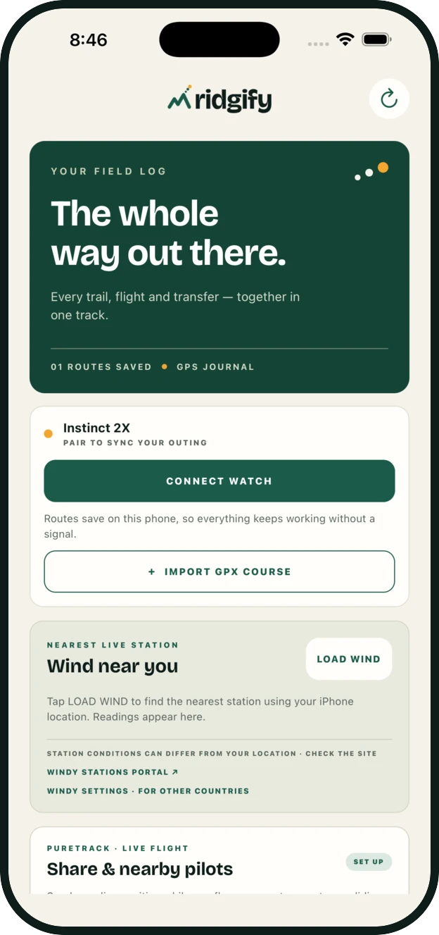 The Ridgify iPhone app showing the journal, the watch connection and the wind panel