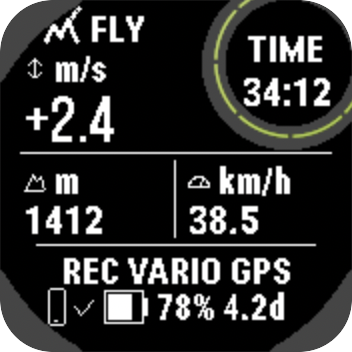 Instinct 2X flight page: lift plus 2.4 metres per second, altitude 1412 metres, speed 38.5 kilometres per hour