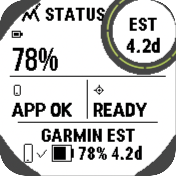 Instinct 2X status page: battery 78 percent, about 4.2 days left, Ridgify phone app connected, GPS ready